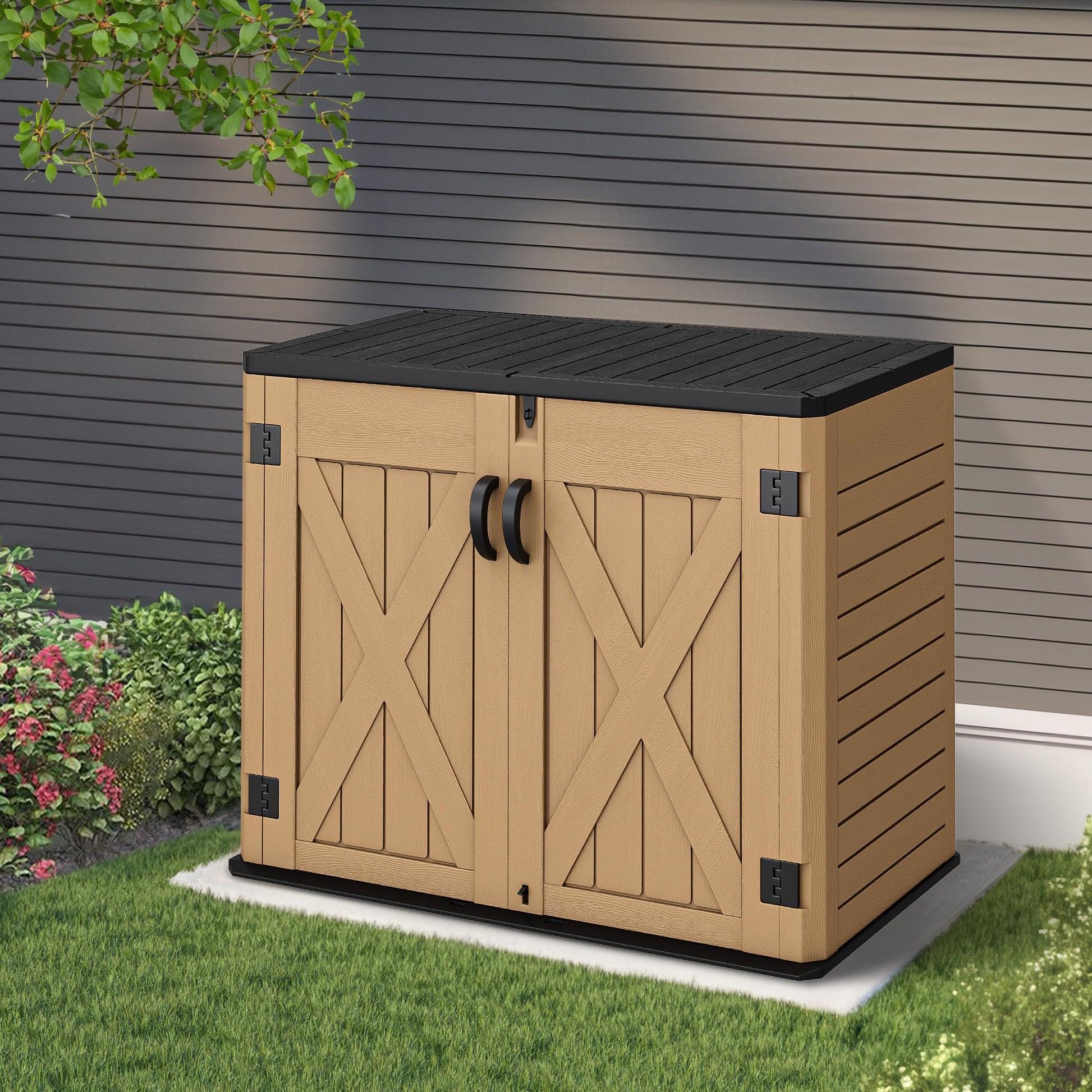 YITAHOME Outdoor Horizontal Storage Shed with X-Shaped Lockable Door, 35 Cu Ft Weather Resistant Resin Tool Shed w/o Shelf, Ideal for Bike, Trash Cans, Garden Tools, Lawn Mowers, Brown - WoodArtSupply