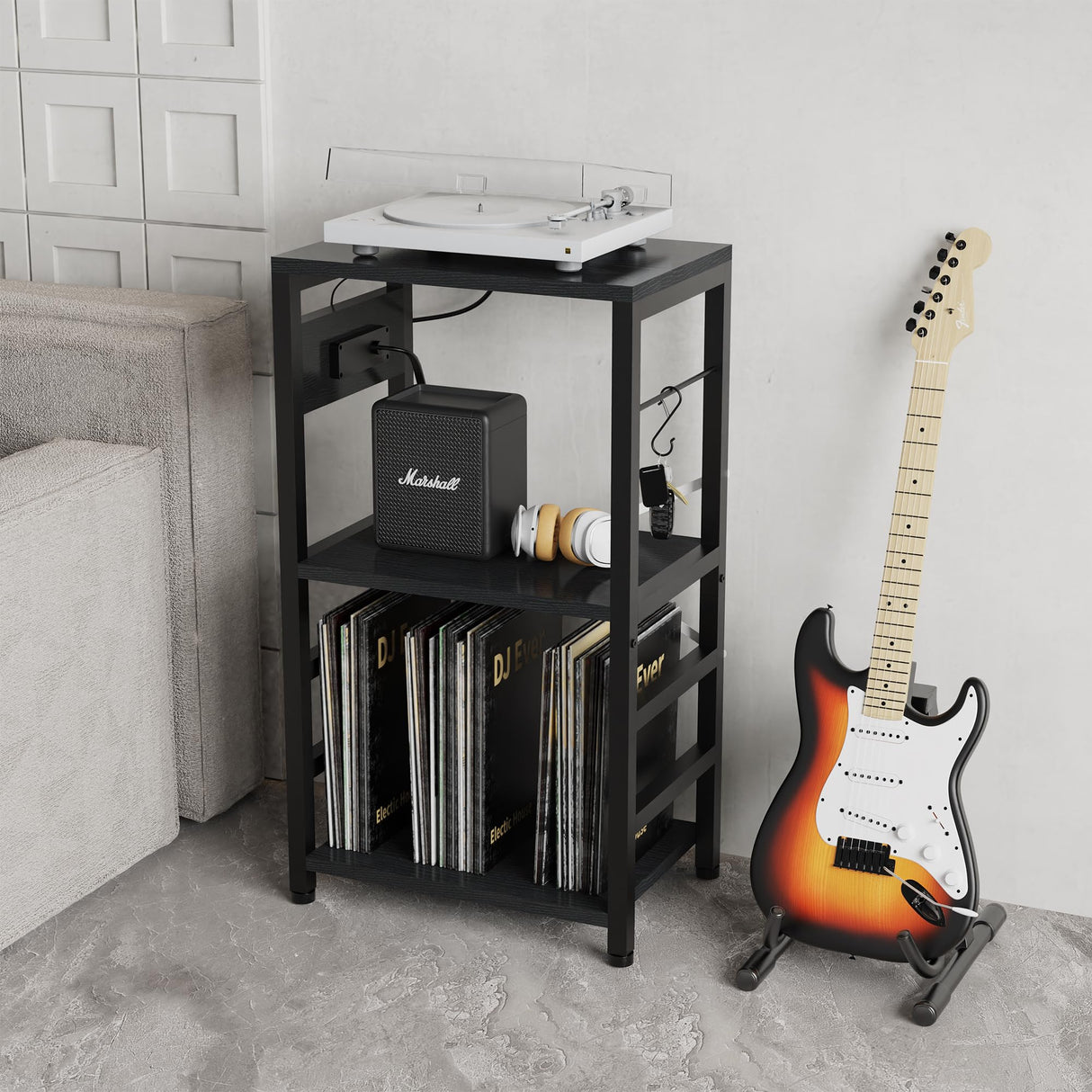 YAKANJ End Table with LED Light,Record Player Stand with Charging Station,Vinyl Records Storage,Turntable Stand Albums Storage for Music Room Studio-Industry Black YAKANJ