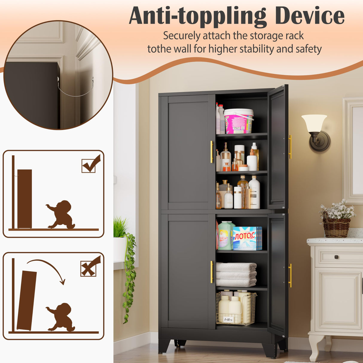 pozdeg 75" H Tall Metal Storage Cabinet with 4 Doors, Metal Kitchen Pantry Cabinet with 4 Adjustable Shelves, Freestanding Cupboard for Kitchen Dining Room Living Room Bathroom (Black) pozdeg