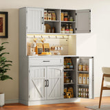 Lefurture 71” Tall Kitchen Pantry Cabinet with LED Light & Outlet & Drawer, Pantry Storage Cabinet with Microwave Shelf & 6 Hooks, Kitchen Hutch with Door Shelves & Adjustable Shelves, for Dining Room Lefurture