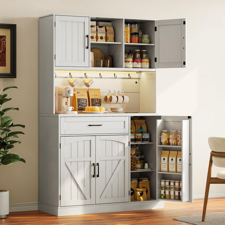 Lefurture 71” Tall Kitchen Pantry Cabinet with LED Light & Outlet & Drawer, Pantry Storage Cabinet with Microwave Shelf & 6 Hooks, Kitchen Hutch with Door Shelves & Adjustable Shelves, for Dining Room Lefurture