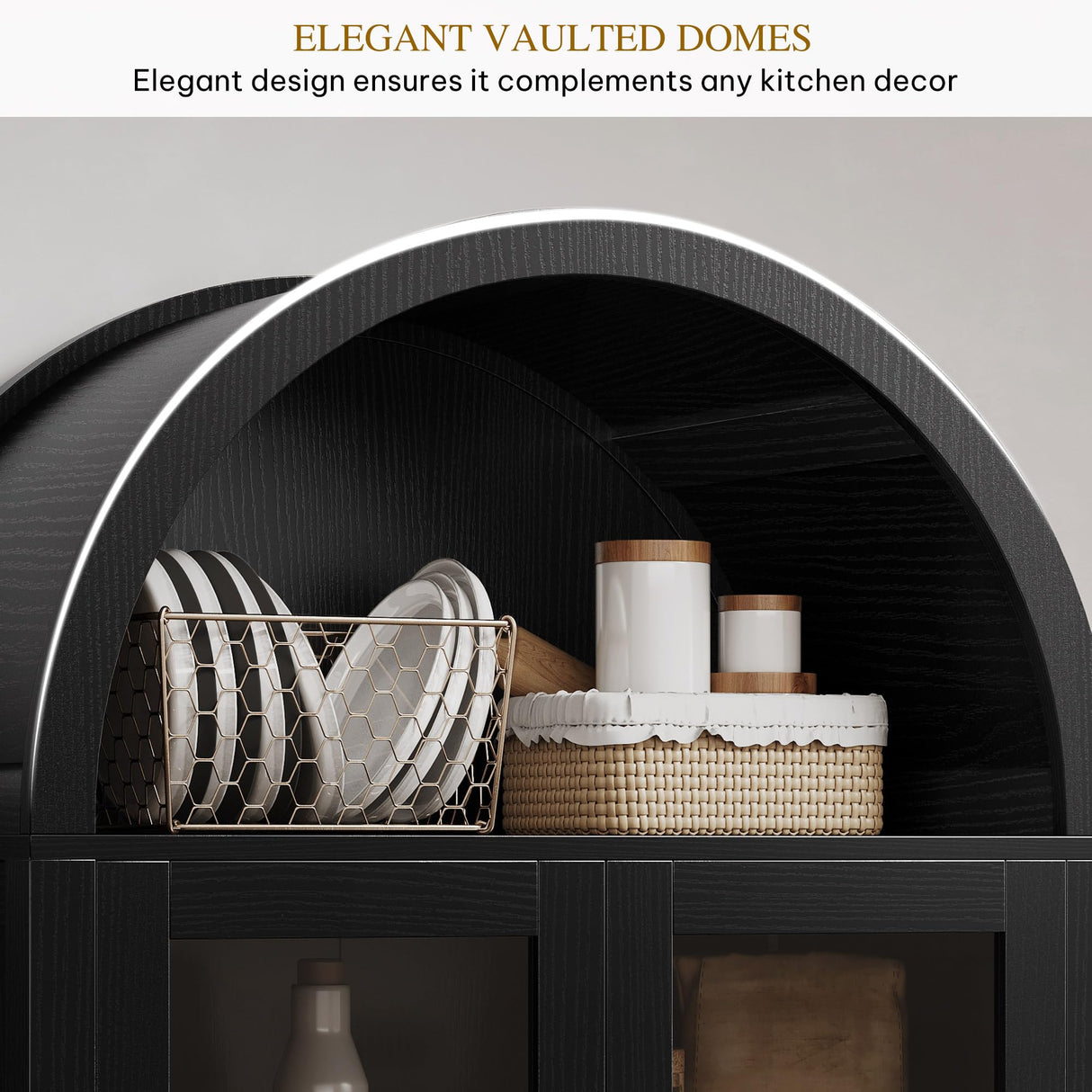 DWVO 71" Tall Arched Cabinet Kitchen Pantry with LED Light/Wood Kitchen Storage Cabinets with Tempered Glass Doors and Adjustable Shelves/Bookcase Cabinet with Storage for Dining Room-Black DWVO