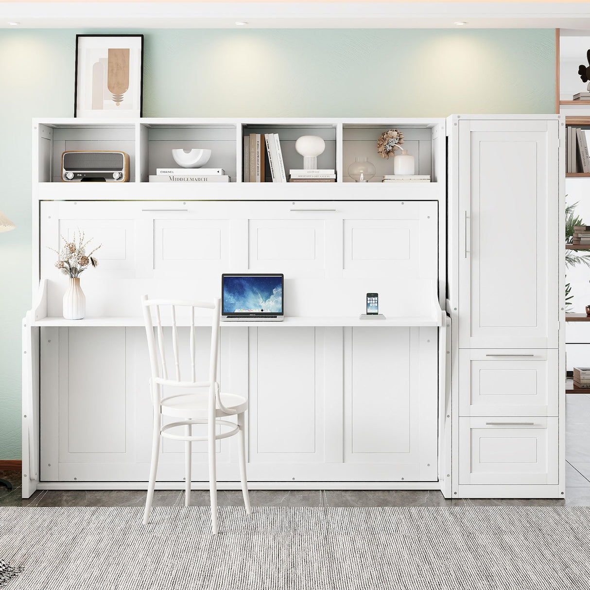 Ball & Cast Queen Size Murphy Bed Wall Chest with Closet and Storage Drawers,Wood Hideaway Platform Bedframe can be Folded,Easy Assembly,for Kids Bedroom,Student Dorms,White Ball & Cast