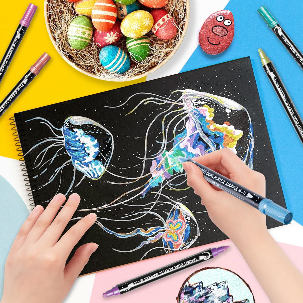 28 Metallic Colors Acrylic Paint Markers, Dual Tip Acrylic Paint Pens for Rock Painting, Black Paper, Wood, Canvas, Stone, Glass, Ceramic, DIY Crafts Making Art Supplies (Brush Tip and Round Tip) TANMIT