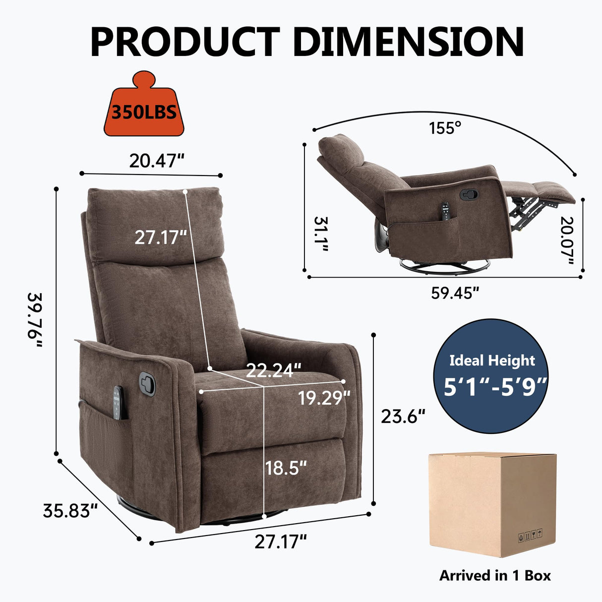 PELUMY Rocker Recliner Chair with Heat Massage - Manual Swivel Recliner for Living Room and Bedroom, 8 Vibration Points, Lumbar Heat, Glider Rocking Chair for Adults (Brown) PELUMY