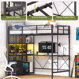 Yoobure Loft Bed Twin Size with L-Shaped Desk, LED Lights Charging Station LED Metal Twin Loft Bed Frame with 2 Storage Drawers, Safety Guard & Ladder for Kid Junior Adult, Heavy Duty, Space-Saving Yoobure