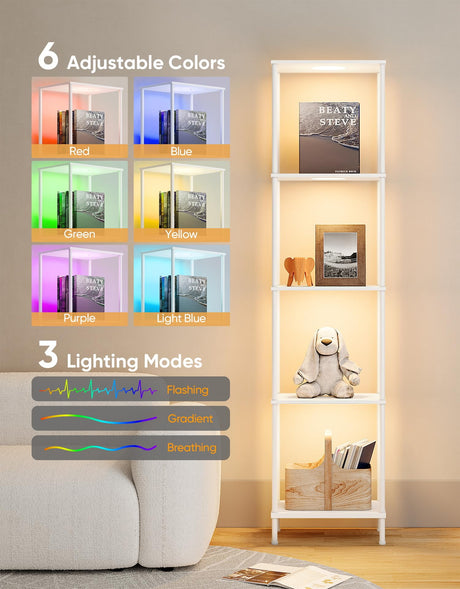 Display Shelf with RGBCW Light, Color Changing Curio Cabinet Floor Lamp with Shelves Corner Standing Column Lamp Etagere Organizer Tower Nightstand Bookcase for Living Room Bedroom Office Décor White PARTPHONER