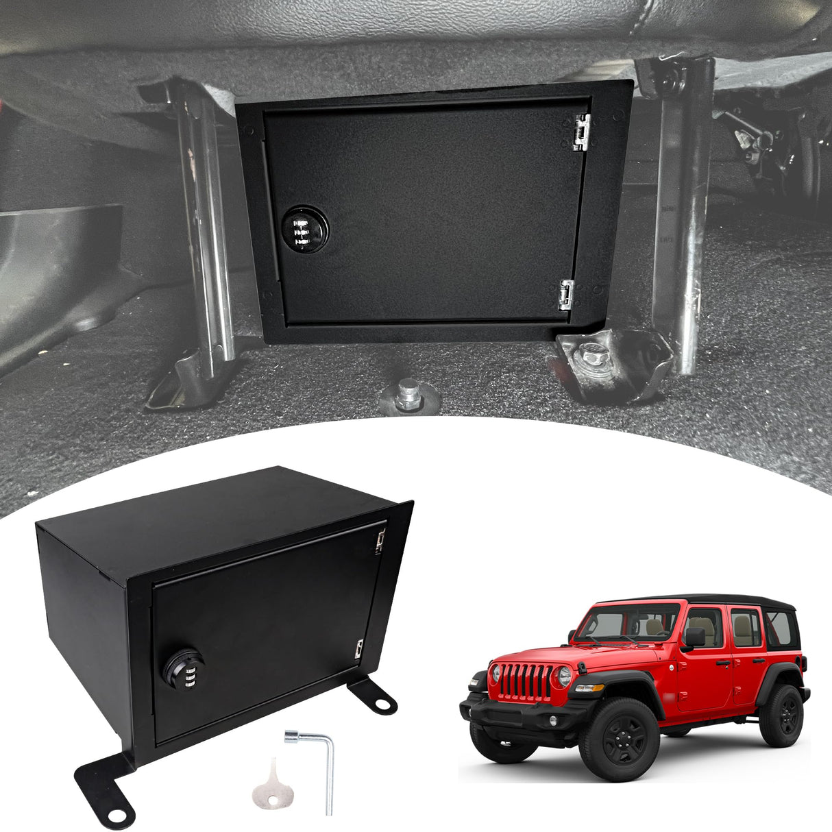 BESTAOO Under Seat Storage Lock Box Gun Safe Security Locking Organizer Compatible with 2018-2025 Jeep Wrangler JL 4 Door 4XE Interior Accessories Passenger Side Rear Underseat Storage Tray, Black BESTAOO