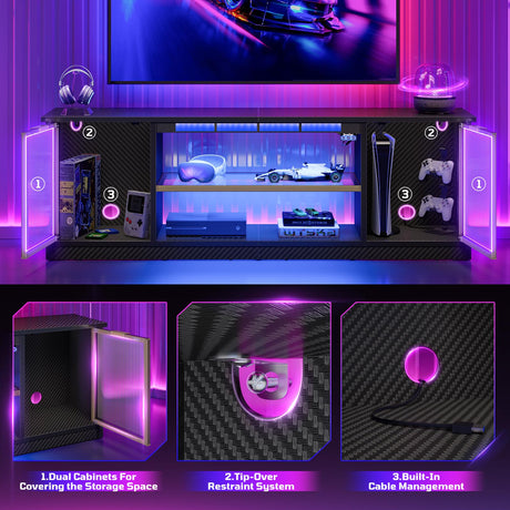 Bestier Gaming TV Stand with Music Sync Light, Flow Vibe Entertainment Center with Storage for PS5 Xbox, RGB LED Party Modes Television Stands for 50/55/60/65 inch TV (Black 3D Carbon Fiber, 57 inch) Bestier