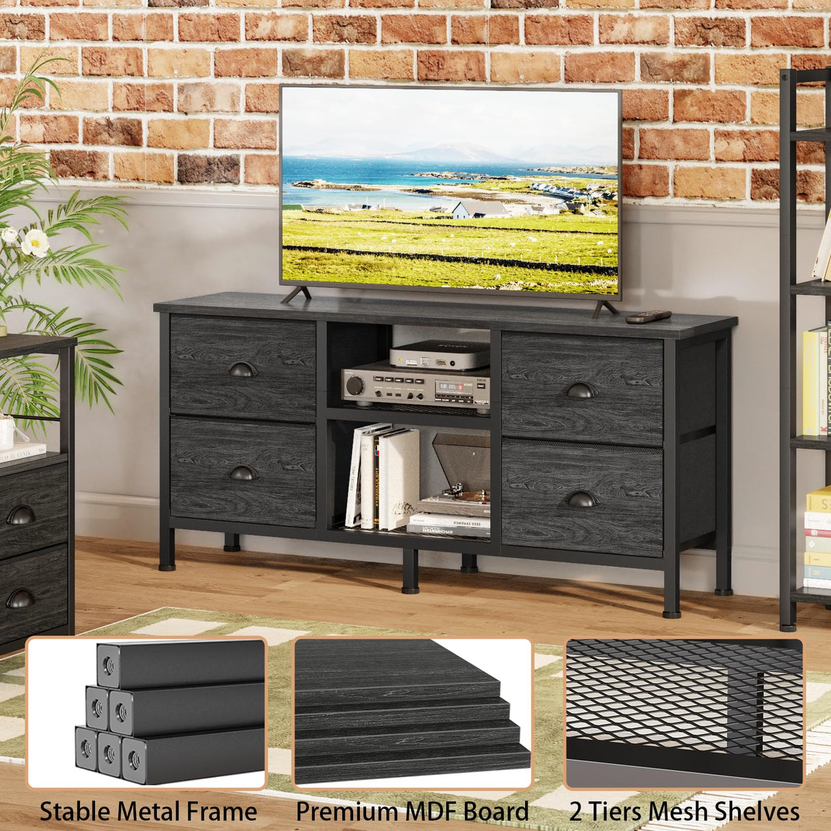 Furologee TV Stand with 4 Drawers, Small Entertainment Center with Open Shelf, Dresser TV Console Table for 50" TV, Media Center for Bedroom, Living Room/Black Oak Furologee