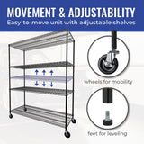 Heavy-Duty Black Steel Wire Shelving Unit with Wheels - 4-Tier NSF Certified Storage Rack (24"x60"x72") SafeRacks