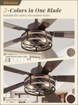 Farmhouse Ceiling Fans with Light, 48 Inch Bedroom Ceiling Fan with Lights, 6-Speed Adjustable, Quiet and Reversible DC Motor, 5 Dual Finish Blades, Rustic Caged Ceiling Fan，Oil Bronze Fanbulous