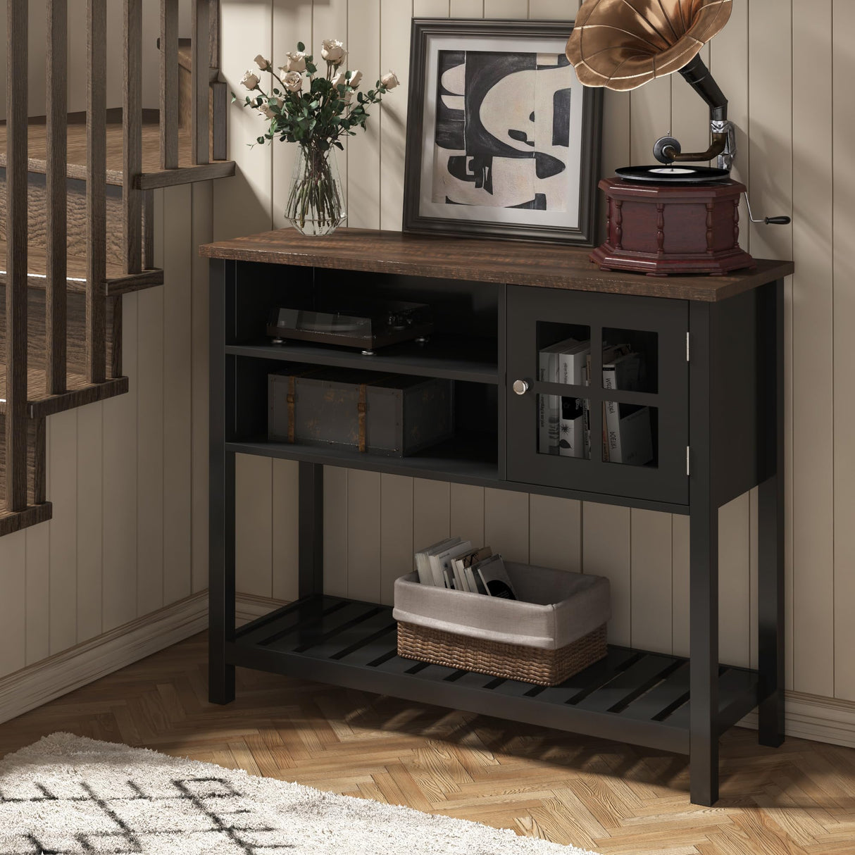 ChooChoo Farmhouse Coffee Bar Cabinet, Buffet Cabinet with Storage, Sideboard Buffet Cabinet with Glass Door, Console Table for Kitchen, Hallway, Entrance, Black ChooChoo