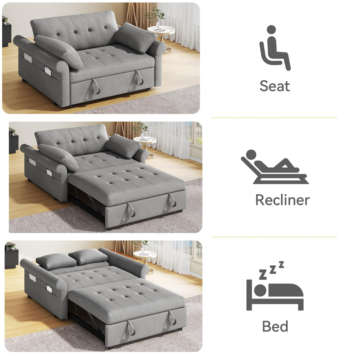 YITAHOME Sleeper Sofa Bed 3-in-1 Convertible Couch with Pullout Bed, Reclining Backrest, Storage Pockets, Modern Space Lounge Furniture for Living Room, Includes Toss Pillows, Blue Gray YITAHOME