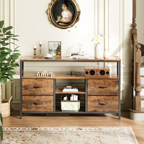 Huuger 47 Inch TV Stand Dresser with Power Outlets and LED Lights, Fabric Dresser for Bedroom, 4 Drawers Entertainment Center with Open Shelf, Media Console for 55 50 Inch TV, Rustic Brown Huuger