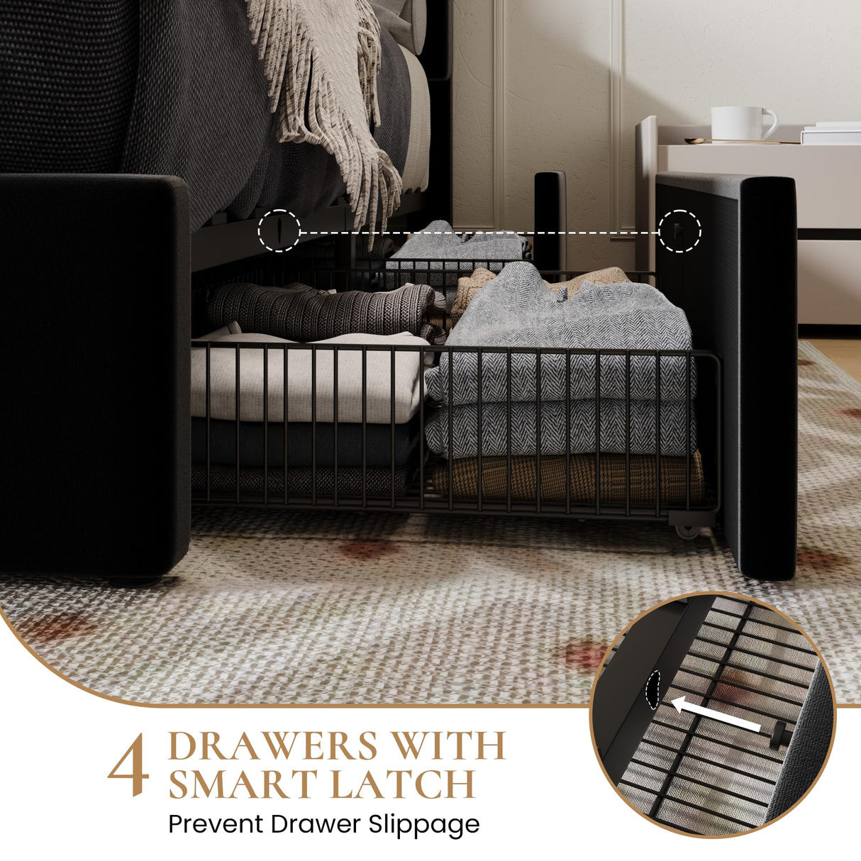 SHA CERLIN King Size Platform Bed Frame with 4 Storage Drawers, Vertical Channel Tufted Adjustable Headboard, Velvet Upholstered, Wooden Slats Support, No Box Spring Needed, Easy Assembly, Black SHA CERLIN