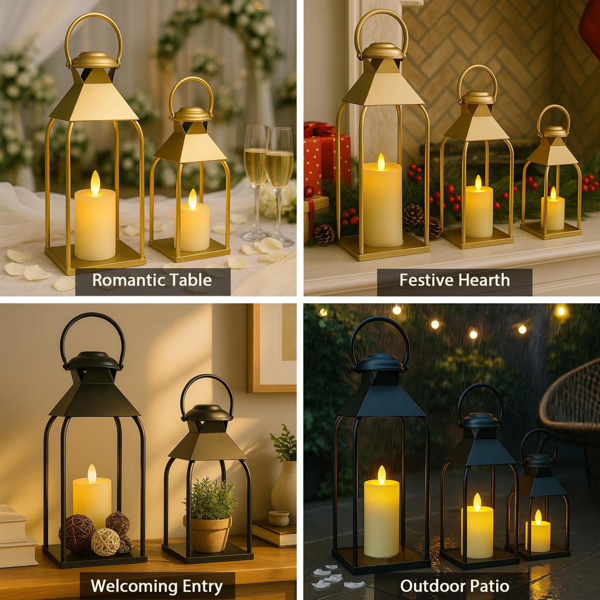 Decorative Metal Lanterns Indoor Outdoor, Candle Holder for Porch, Patio, Fireplace, Floor, Wedding, Christmas, Fall, Holiday, Farmhouse Table Centerpiece (Black, Set of 2 15.7" 12") ZLFart