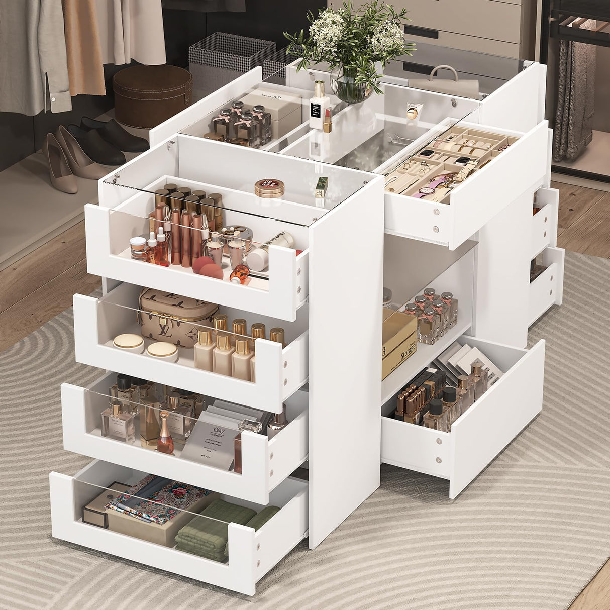 LIVAUVEAD Closet Island with Drawers, Wardrobe Armoire Bedroom Island, Glass Display Shelf & 12 Drawers, White Dresser with Glass Top, Walk-in Closet Island for Bedroom, Cloakroom LIVAUVEAD
