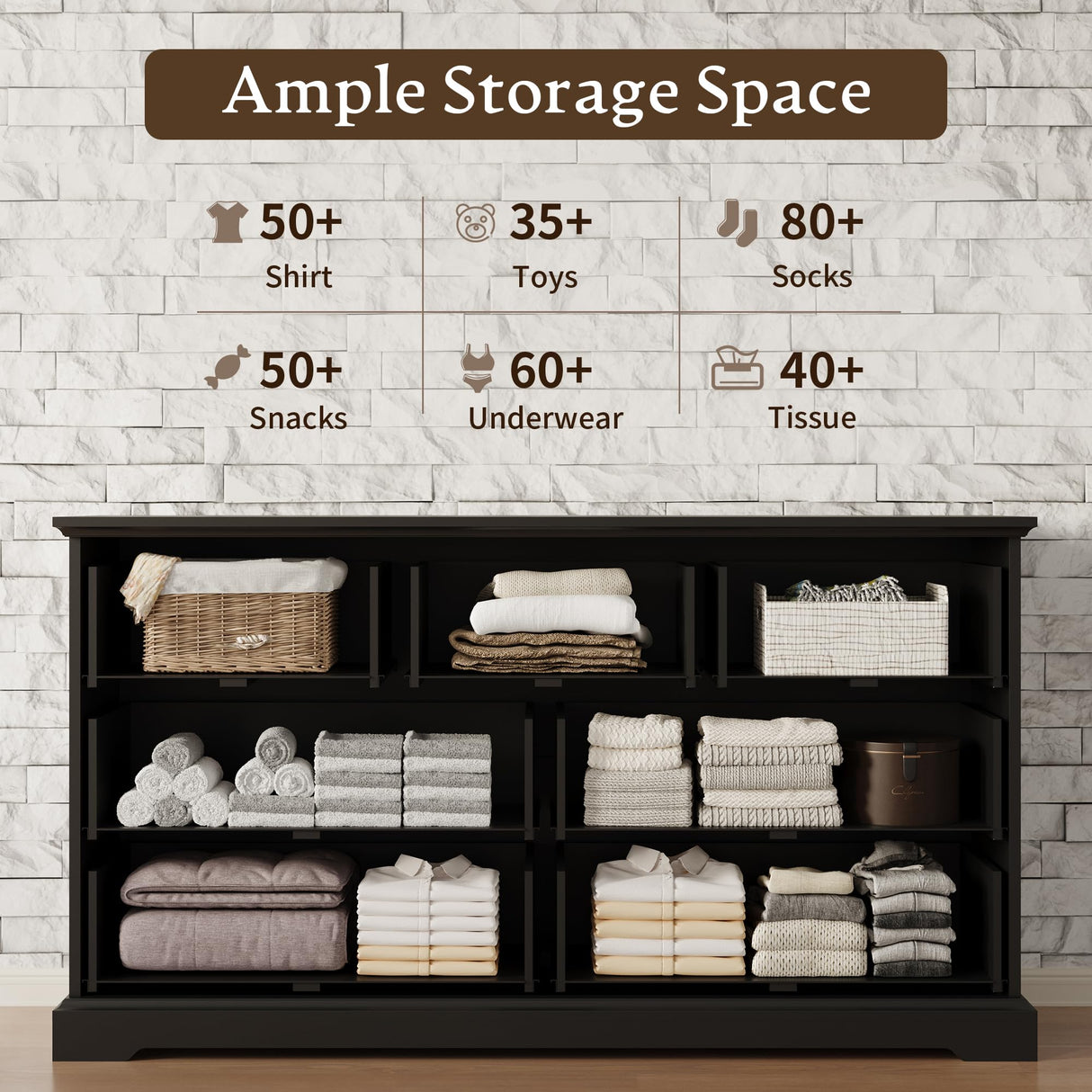 Farmhouse 7 Drawers Dresser for Bedroom, 57" Wide Modern Chest of Drawers with Deep Drawers & Bar Handles, Rustic Wood Dresser TV Stand, Wooden Closet Storage Organizer for Living Room, Hallway, Black Xixini