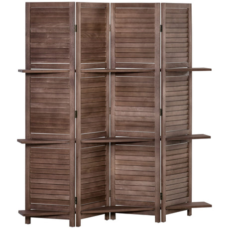 HOMCOM Room Divider, 4 Panel 67" Tall Wood Privacy Screen with 3 Display Shelves, and Folding Storage for Bedroom or Home Office, Walnut HOMCOM
