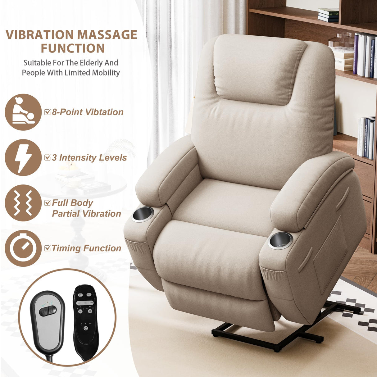 Flamaker Power Lift Recliner Chair with Massage Ergonomic Recliner Chair for Elderly People, Single Sofa with Cup Holders, Side Pockets (Beige) Flamaker