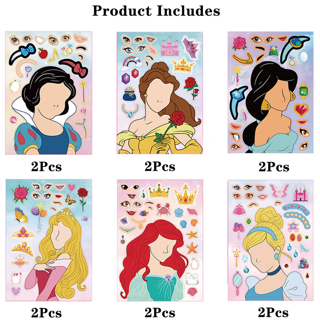 Make Your Own Princess Toys Stickers Sheet, 12 Pcs Make a Face Stickers for Kids, Themed Princess Birthday Party Favors Kids Crafts Party Supplies MaoMaoCha