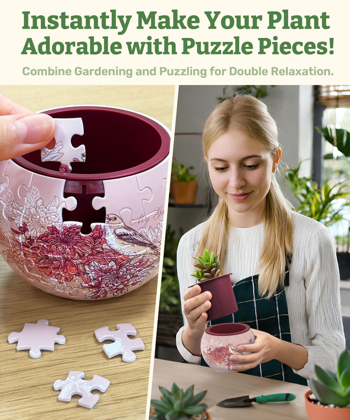 PieceRelax 3D Puzzle Planter - Singing Birds and Flowers - Small Round Plant Pots with Drainage, Home Decor Flower Pots for Indoor Cactus, Succulents Pots [K1100] PieceRelax