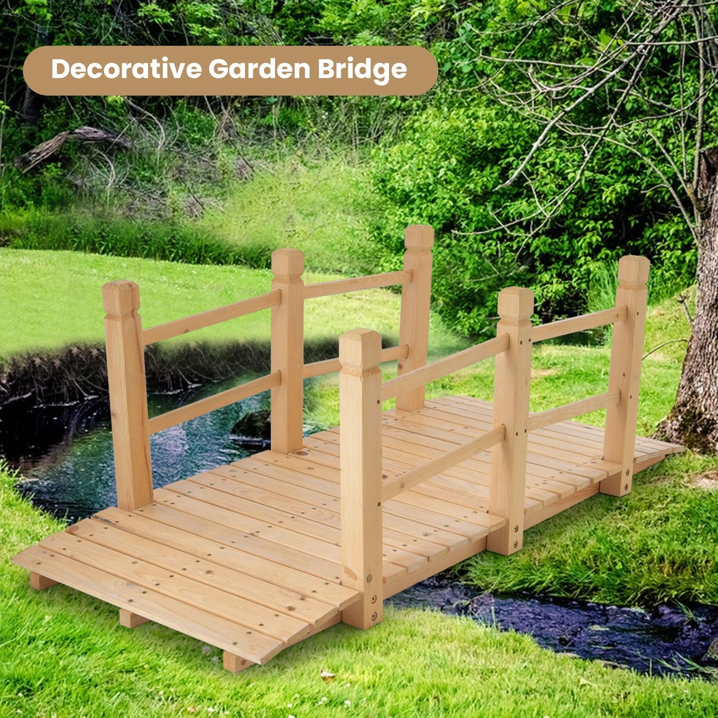 HAPPYGRILL 5FT Wooden Garden Bridge, Decorative Landscaping Bridge with Classic Arc Footbridge & Double Safety Railings, Garden Bridges for Outdoors, Backyard, Garden Farm (Natural) - WoodArtSupply