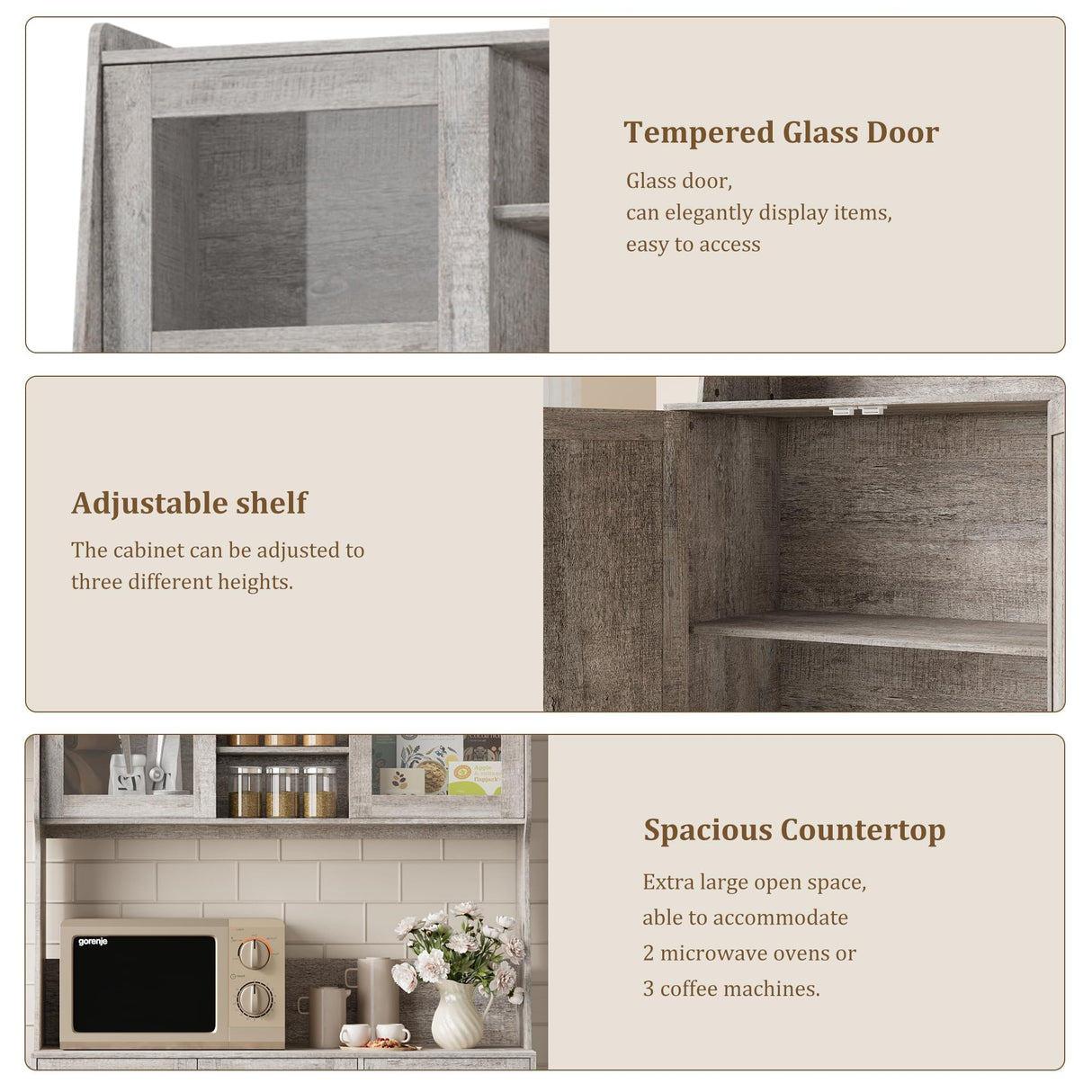 GarveeHome 67" Tall Kitchen Hutch Storage Cabinet, Farmhosue Coffee Bar Cabinet with 3 Drawers and LED Lights, Freestanding Food Pantry with Countertop for Living Room, Dining Room, Grey GarveeHome