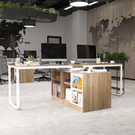 AIEGLE T-Shaped Double Office Desk with Shelves, Adjustable 2-Person Computer Desk with Sliding Door, Detachable Corner Desk & Study Writing Table with Wire Organizer for Office, Type A - Burlywood AIEGLE