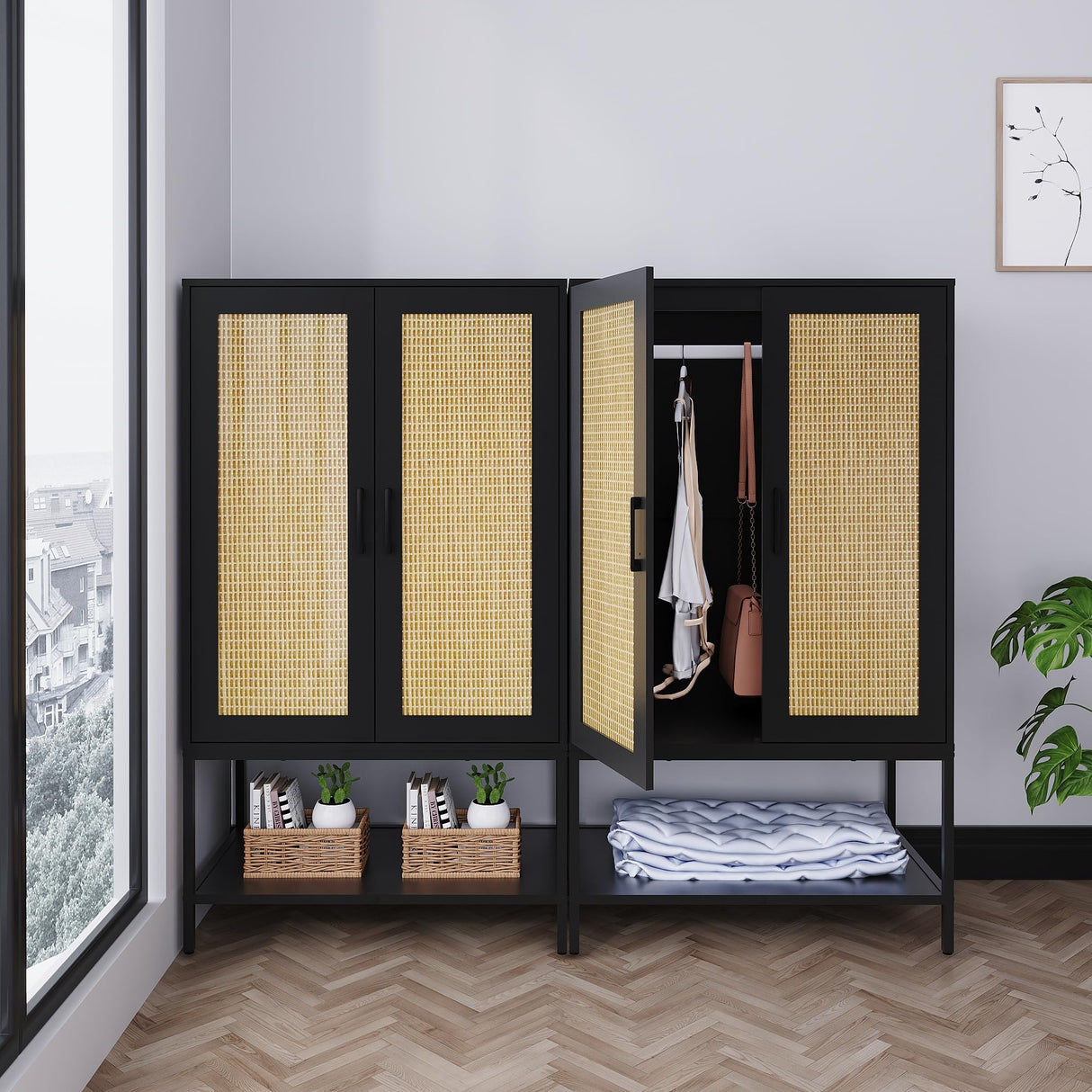 BOCVKENN Wardrobe Closet,Rattan Bedroom Armoires with 2 Doors,Wooden Wardrobe Cabinet with Shelves and Hanging Rod for Clothes,Black BOCVKENN