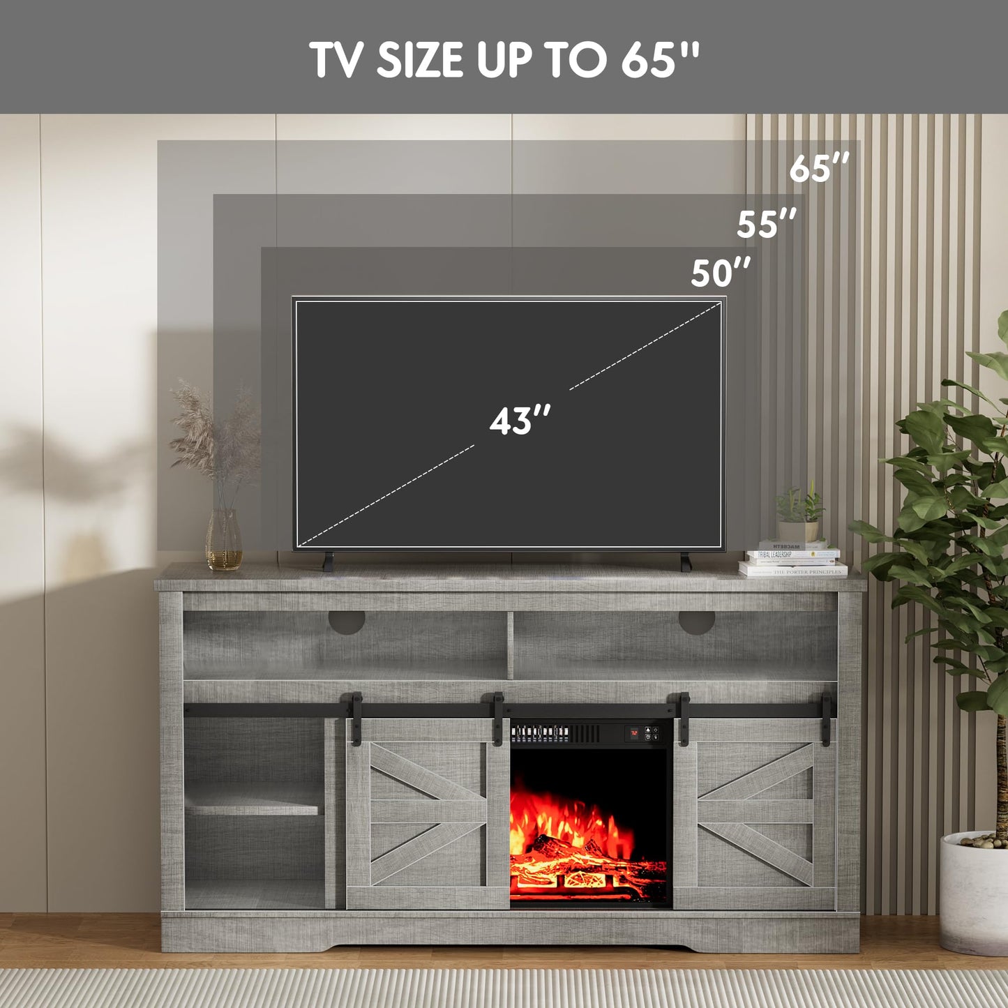 Furniwell Electric Fireplace TV Stand for TVs up to 65", Media Entertainment Center with 26” Fireplace, Farmhouse Console with Sliding Barn Door and Adjustable Storage Shelves for Living Room (Gray)