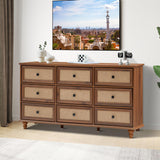 ORRD 9 Drawer Dresser for Bedroom, Mid Century Modern Wide Wood Rustic Chest of Drawers Wooden Storage Organizer Dressers with Burlap Rattan Drawers for Living Room, Hallway Closet, Entryway, Walnut ORRD