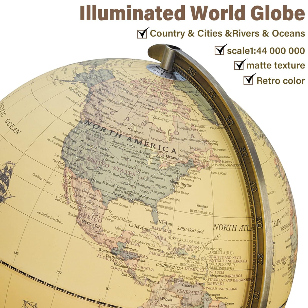 12'' Retro Illuminated World Globe with Wooden Stand, 2-1 Educ & Décor Antique Night Light up Globe Built in LED & HD Printed Map, Antique Illuminated Globe for Adults & Kids, Home Décor, Office BSHAPPLUS