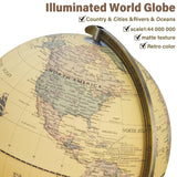 12'' Retro Illuminated World Globe with Wooden Stand, 2-1 Educ & Décor Antique Night Light up Globe Built in LED & HD Printed Map, Antique Illuminated Globe for Adults & Kids, Home Décor, Office BSHAPPLUS