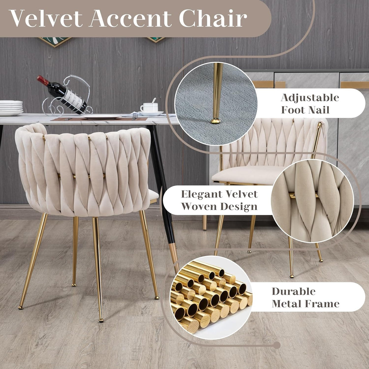 HAIZAO Modern Glass Dining Table Set for 6, 63'' Rectangular Tempered Tabletop with Aesthetic V Shape Gold Metal Base & 6 Beige Gold Woven Dining Chairs, 7 Piece Luxury Dining Table Set HAIZAO