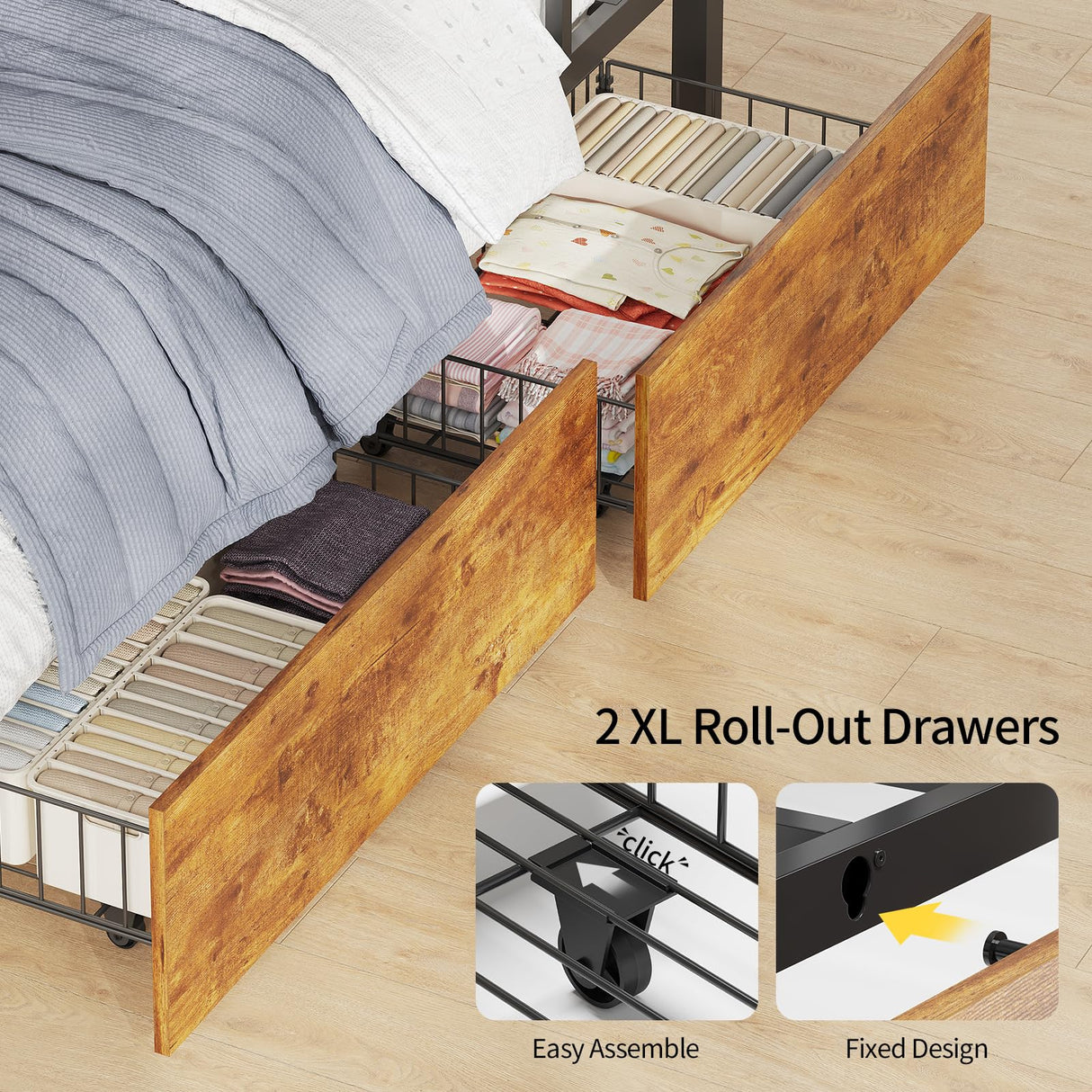 HAUOMS Bunk Bed with Desk, Twin Over Twin Metal Bunk Beds with Power Outlets, RGB LED Lights, 2 Larger Storage Drawers, Bed with Safety Guardrail & Ladders, No Box Spring Needed, Rustic Brown HAUOMS