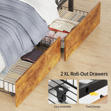 HAUOMS Bunk Bed with Desk, Twin Over Twin Metal Bunk Beds with Power Outlets, RGB LED Lights, 2 Larger Storage Drawers, Bed with Safety Guardrail & Ladders, No Box Spring Needed, Rustic Brown HAUOMS