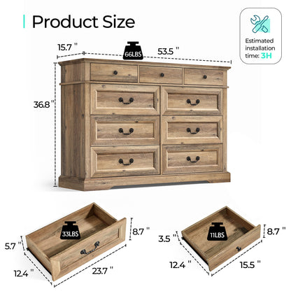 LINSY HOME 9 Drawers Dresser for Bedroom, Wood Bedroom Dresser Farmhouse Drawer Chest, 9 Chest of Drawer, Tall Dresser for Closet, Dressers Organizer for Living Room, Closet, Hallway