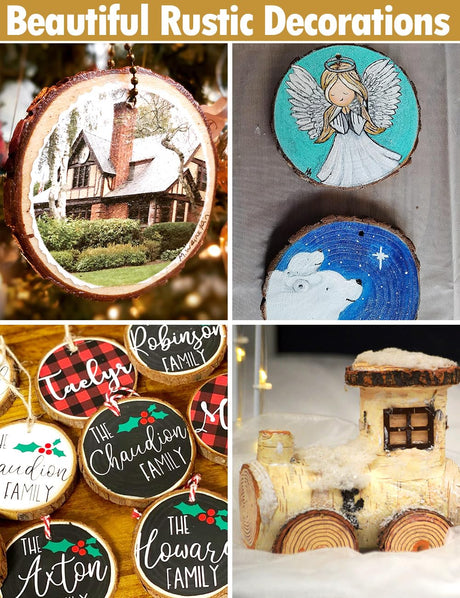 wohohoho 24pcs 2.4-2.8 inches Natural Wood Slices, Unfinished Craft Wood Kit Predrilled with Hole Thickened Wooden Circles with Bark for DIY Ornaments Christmas Wedding Decorations Wood Coasters Tags wohohoho