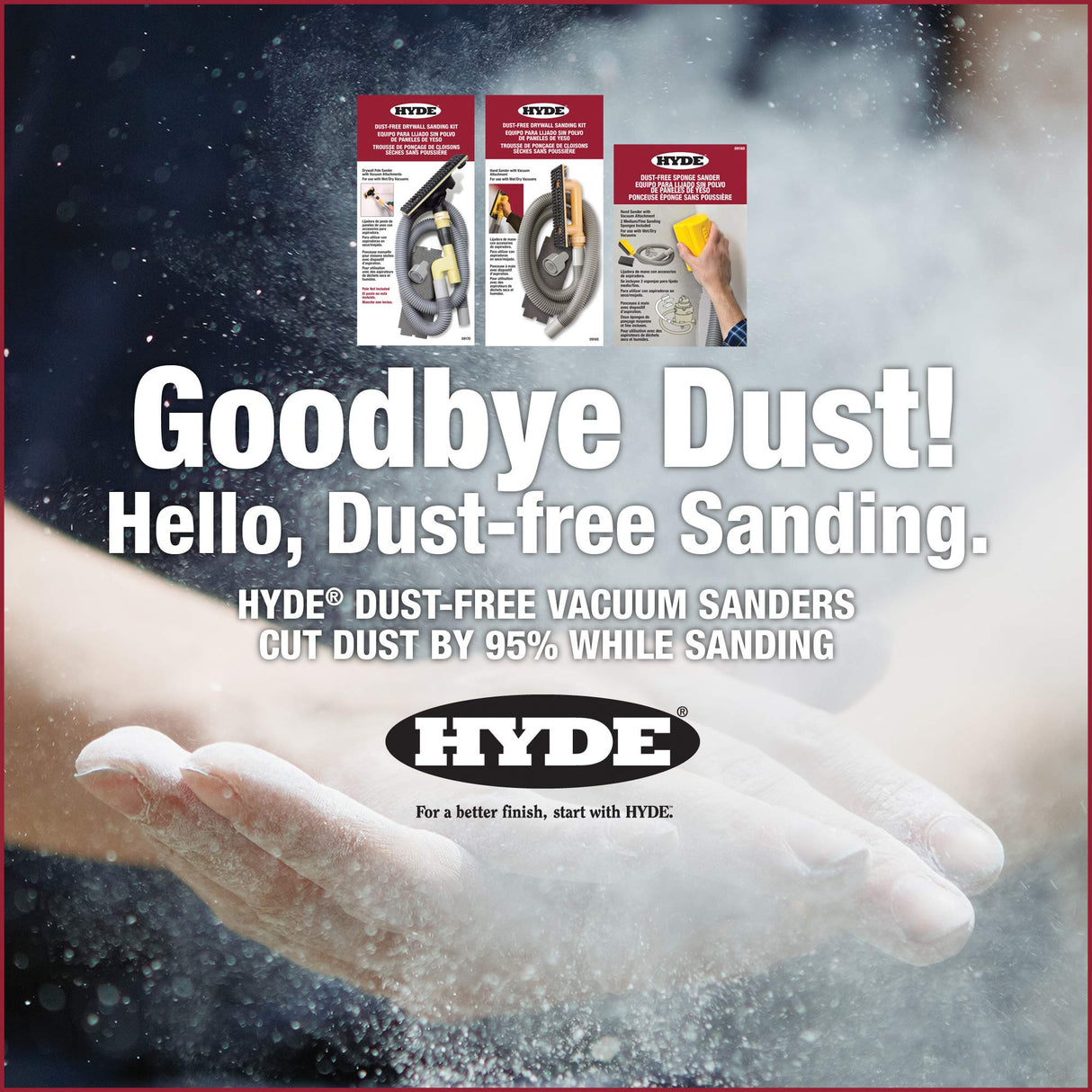 Hyde Tools 09165 Dust-Free Drywall Vacuum Hand Sander with 6-Foot Hose Hyde