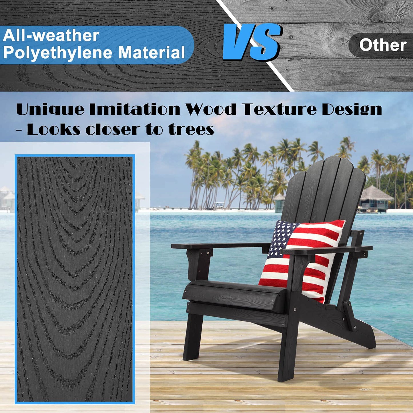 hOmeHua Folding Adirondack Chairs, Outdoor Patio Weather Resistant Chair, Imitation Wood Stripes, Easy to Fold Move & Maintain, Plastic Chair for Backyard Deck, Garden, Fire Pit - Black - WoodArtSupply