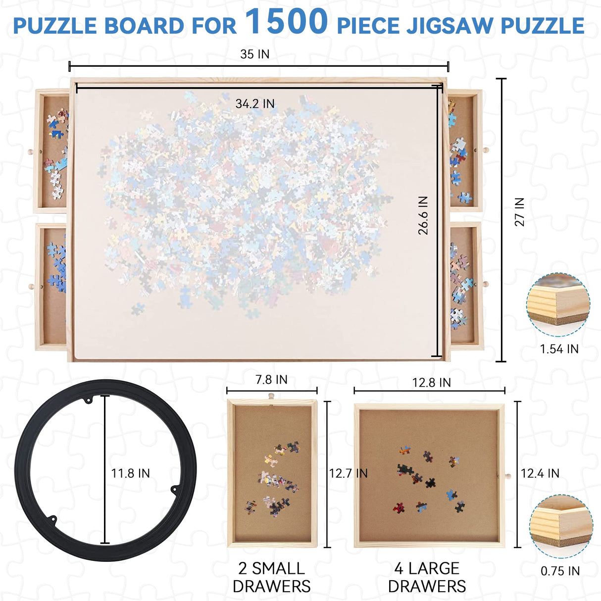Puzzle Board, WOOD CITY 1500 Piece Wooden Jigsaw Puzzle Board with Drawers, 35”x 27” Portable Puzzle Table with Covers and Lazy Susan, Rotating Jigsaw Puzzle Table for Kids and Adults WOOD CITY
