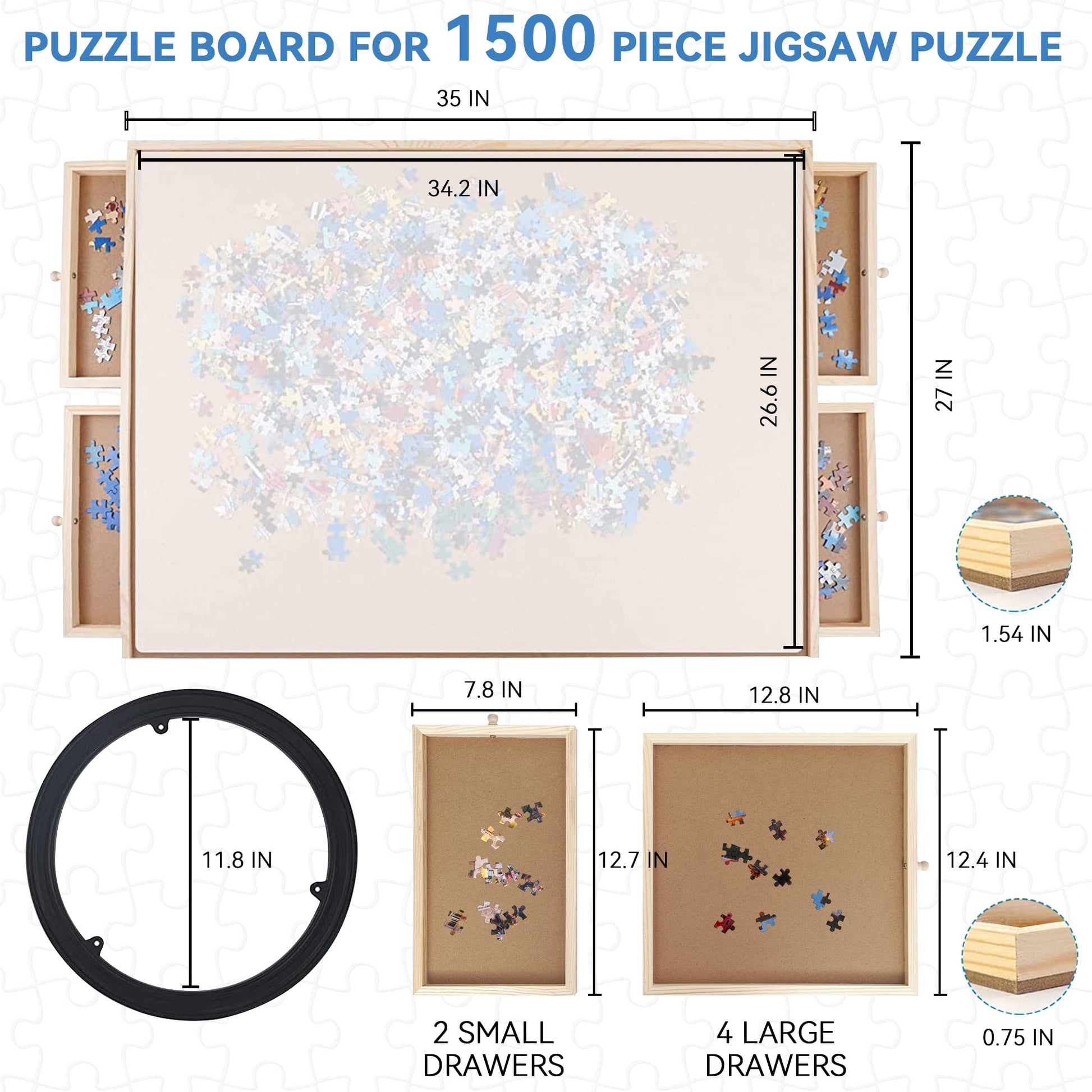 Puzzle Board, WOOD CITY 1500 Piece Wooden Jigsaw Puzzle Board with Drawers, 35”x 27” Portable Puzzle Table with Covers and Lazy Susan, Rotating Jigsaw Puzzle Table for Kids and Adults - WoodArtSupply