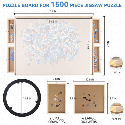 Puzzle Board, WOOD CITY 1500 Piece Wooden Jigsaw Puzzle Board with Drawers, 35”x 27” Portable Puzzle Table with Covers and Lazy Susan, Rotating Jigsaw Puzzle Table for Kids and Adults - WoodArtSupply