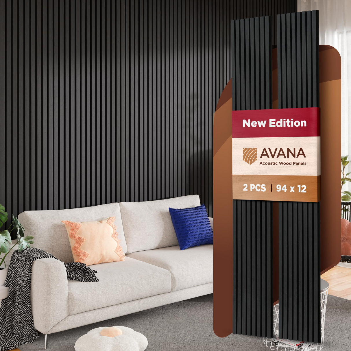 Avana Acoustic Wood Wall Panels – 94.4 x 12.6 Inch Black Oak Acoustic Panels 2 PCs – Wall Panels For Interior Wall Decor For Homes, Offices, Studios – Pleasing Decorative Wood Panels For Wall Avana