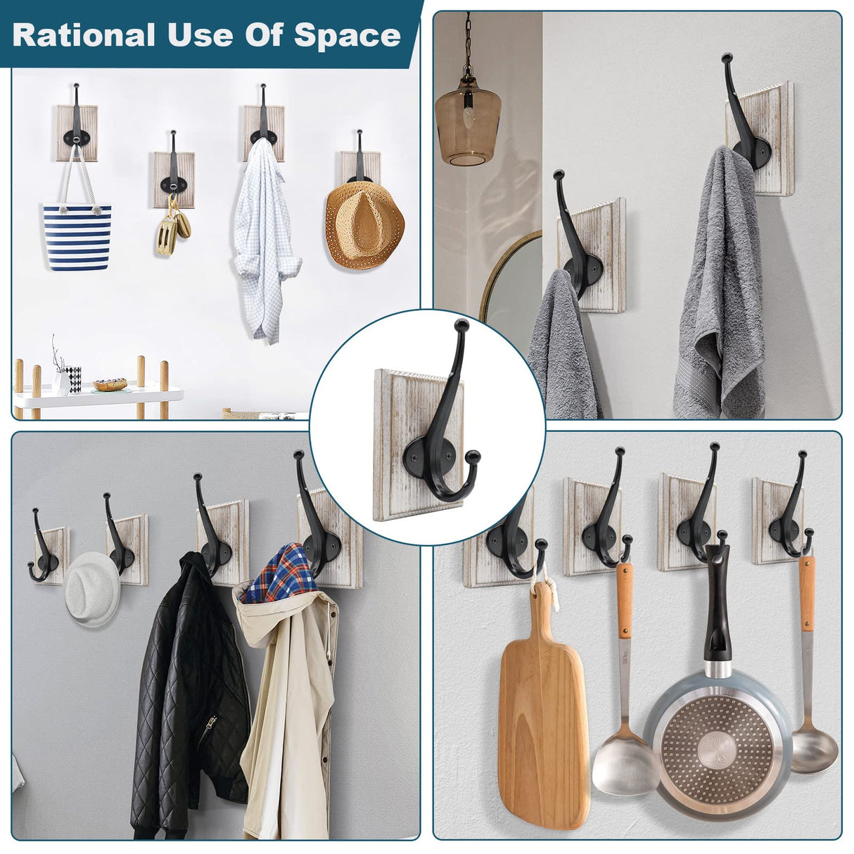 Lomuke Towel Hooks for Bathroom Wall Mounted, 2 Pack Farmhouse Rustic Wall Hooks for Hanging Coat Robe Keys, Heavy Duty Wood Black Hooks for Kitchen Bedroom Decorative (Weathered White) Lomuke