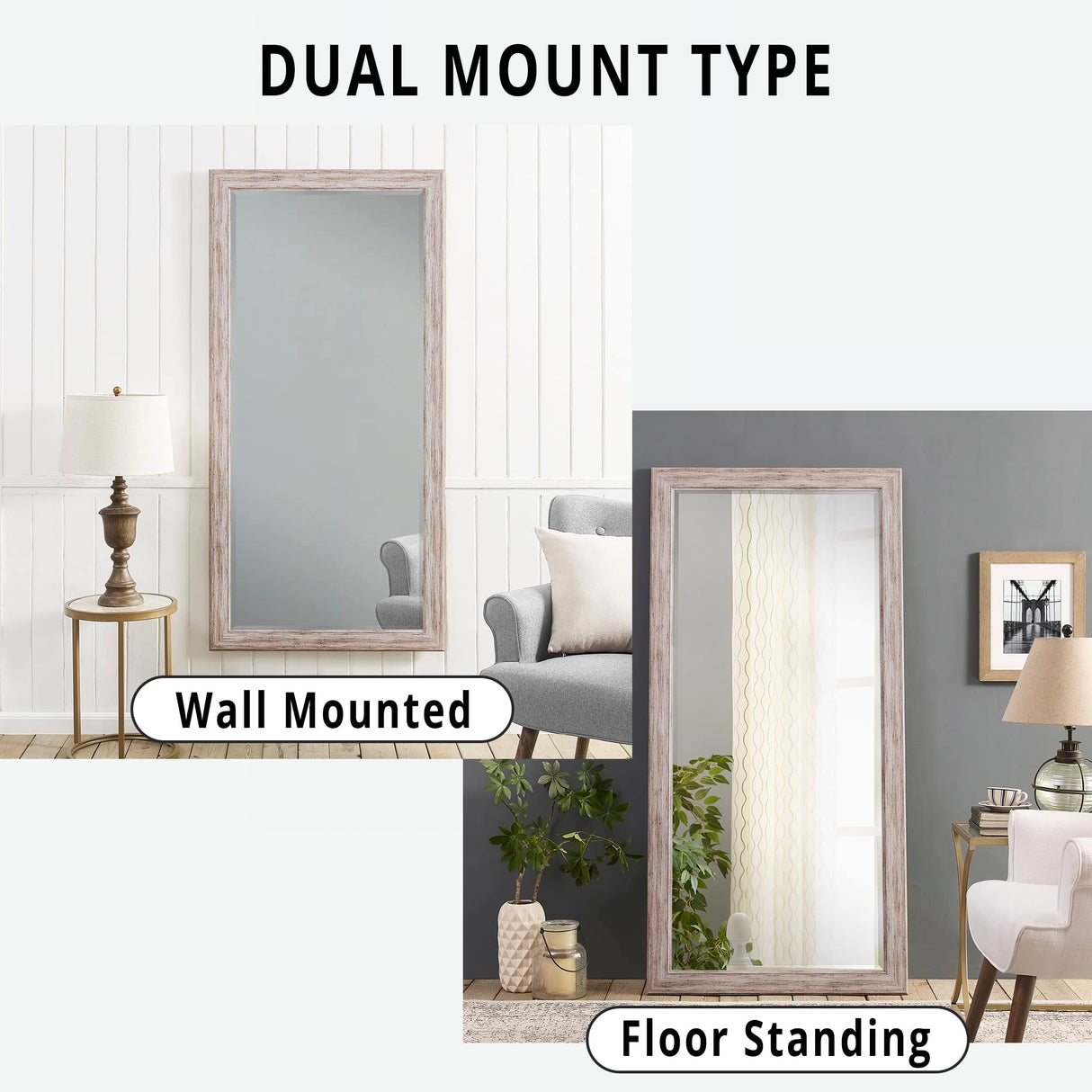 Naomi Home Farmhouse Full-Length Mirror with Wood Frame – Rustic 66"x32" Large Floor Mirror, Elegant Full Body Standing or Wall Mirror, Rustic Wood Mirror Full Length for Bedroom, Warm Grey Finish Naomi Home