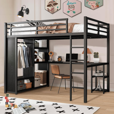 MAKIAAP Queen Heavy Duty Metal Loft Bed with L-Shaped Desk, Wardrobe & 5 Storage Shelves – Space-Saving Design for Kids, Teens, Adults – 500LBS Capacity, Easy Assembly (Queen)
