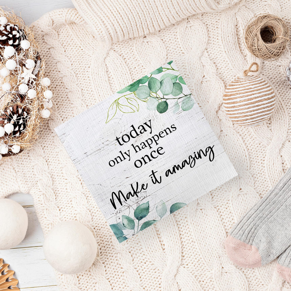ANIANG Inspirational Wooden Box Sign, Motivational Desk Decor, Rustic Modern Farmhouse Decor, Today Only Happens Once Make It Amazing Wood Block Box Sign Plaque for Office Home Shelf Decor ANIANG